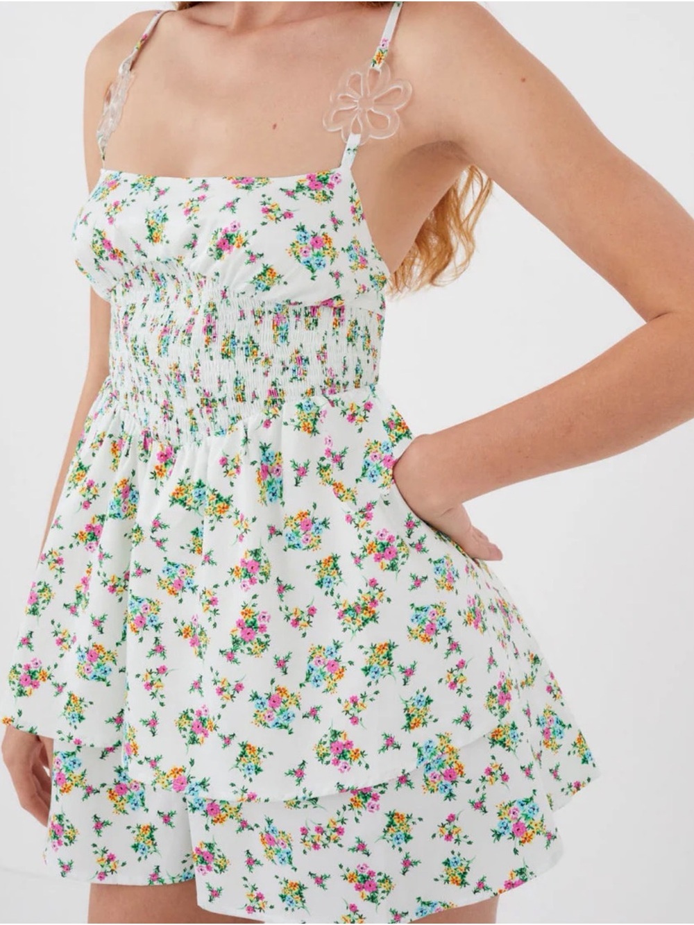 For Love And Lemons White  dress with Multicolor Floral Trim - Picture 2 of 13